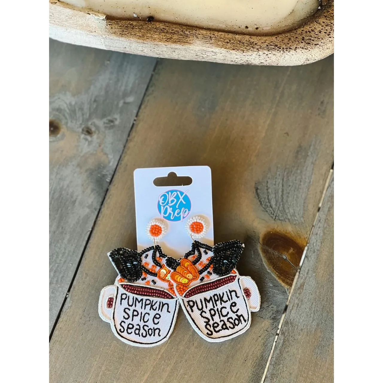 Pumpkin Spice Latte Mug Seed Beaded Dangle Earrings