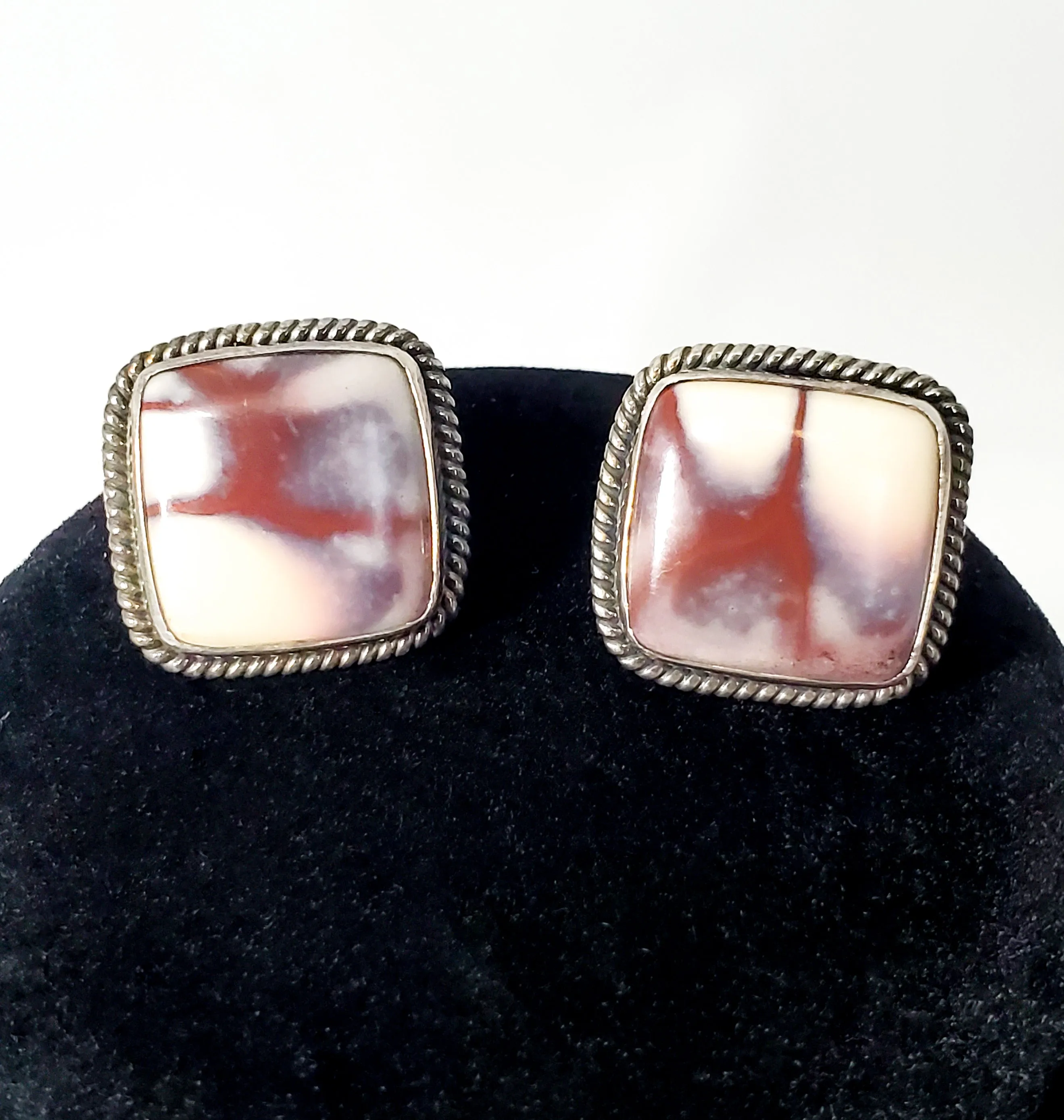 Purple and white agate gemstone sterling silver artisan earrings 925