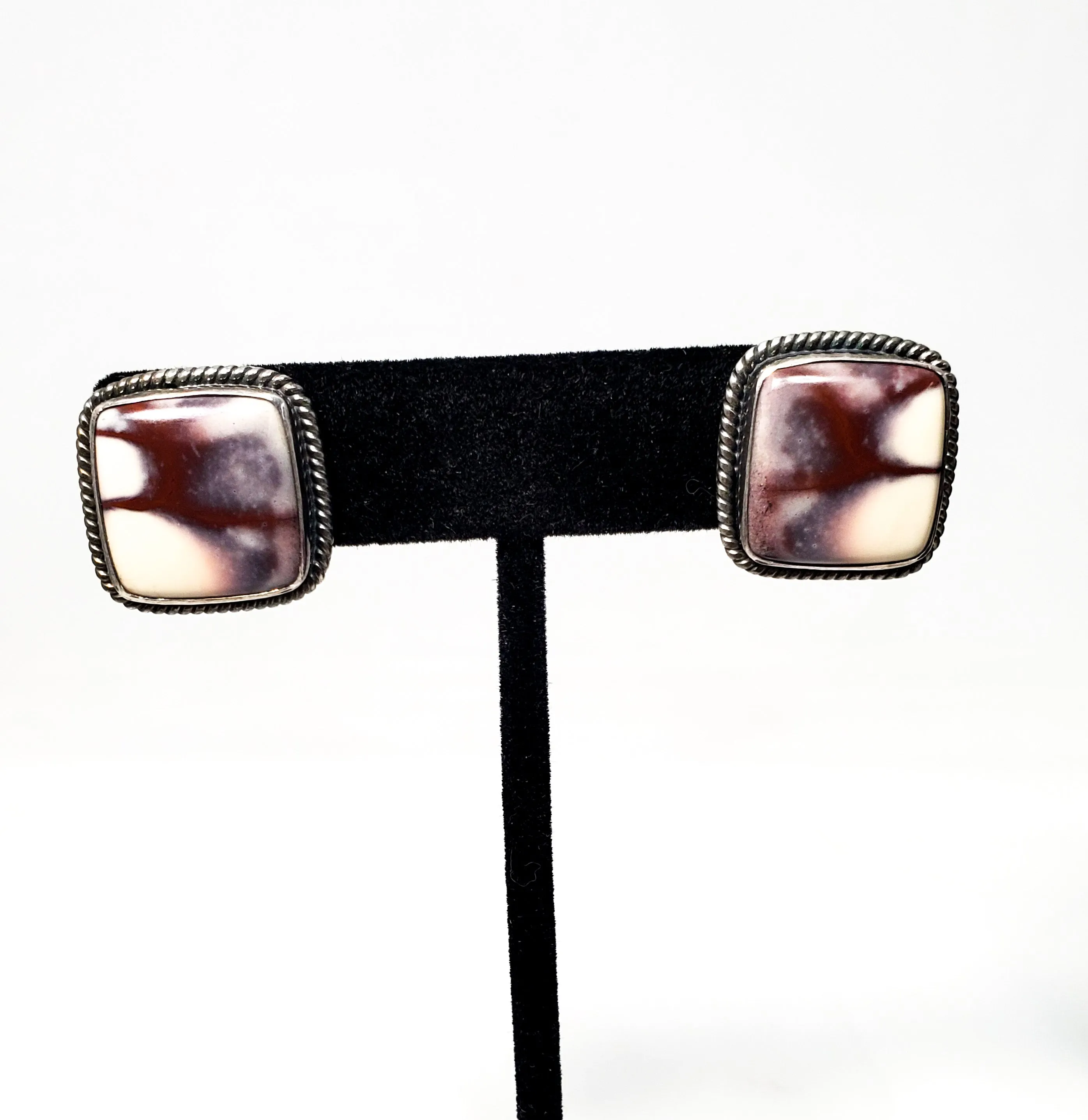 Purple and white agate gemstone sterling silver artisan earrings 925