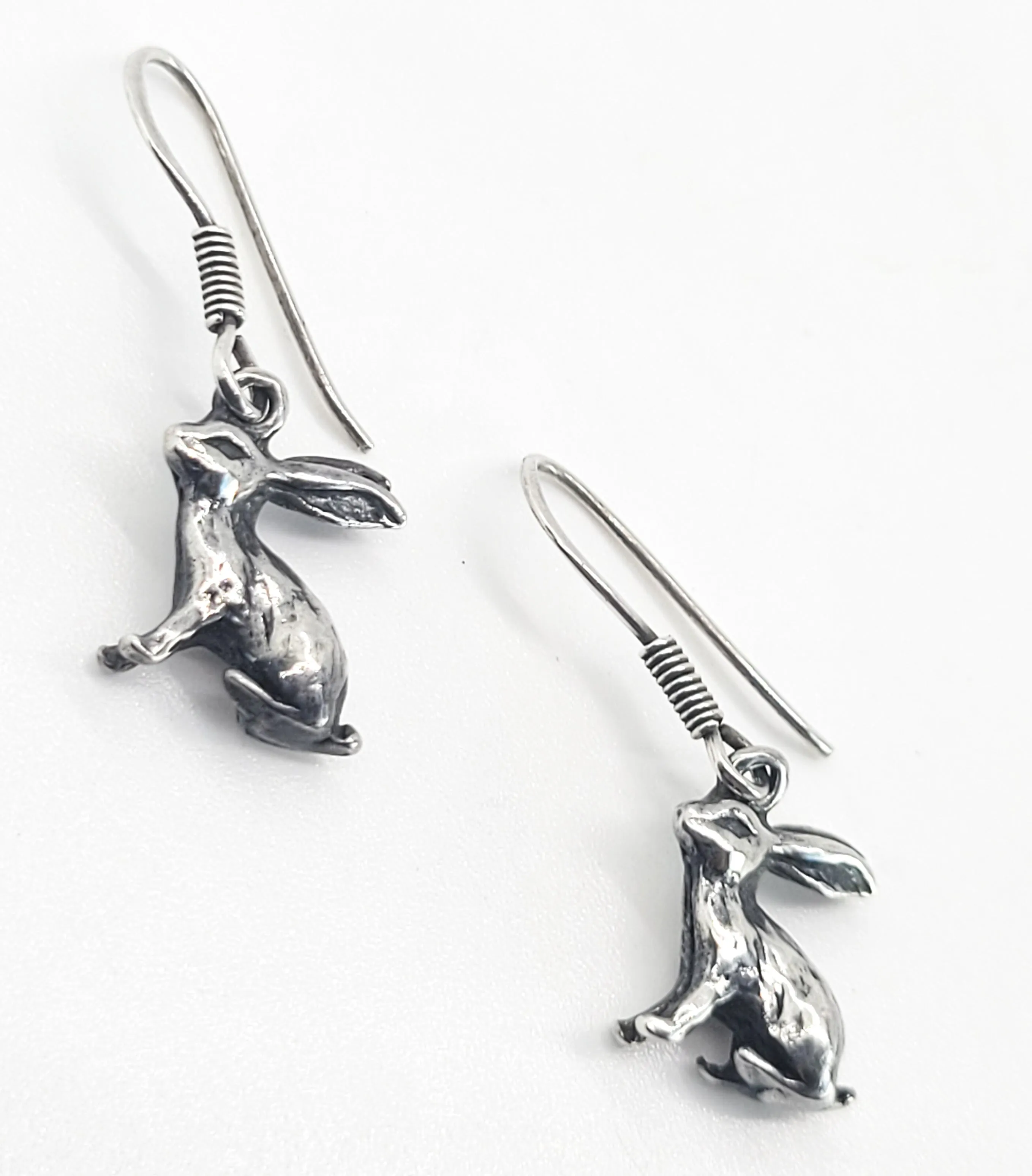 Rabbit sitting bunny detailed figural animal sterling silver drop earrings Hare