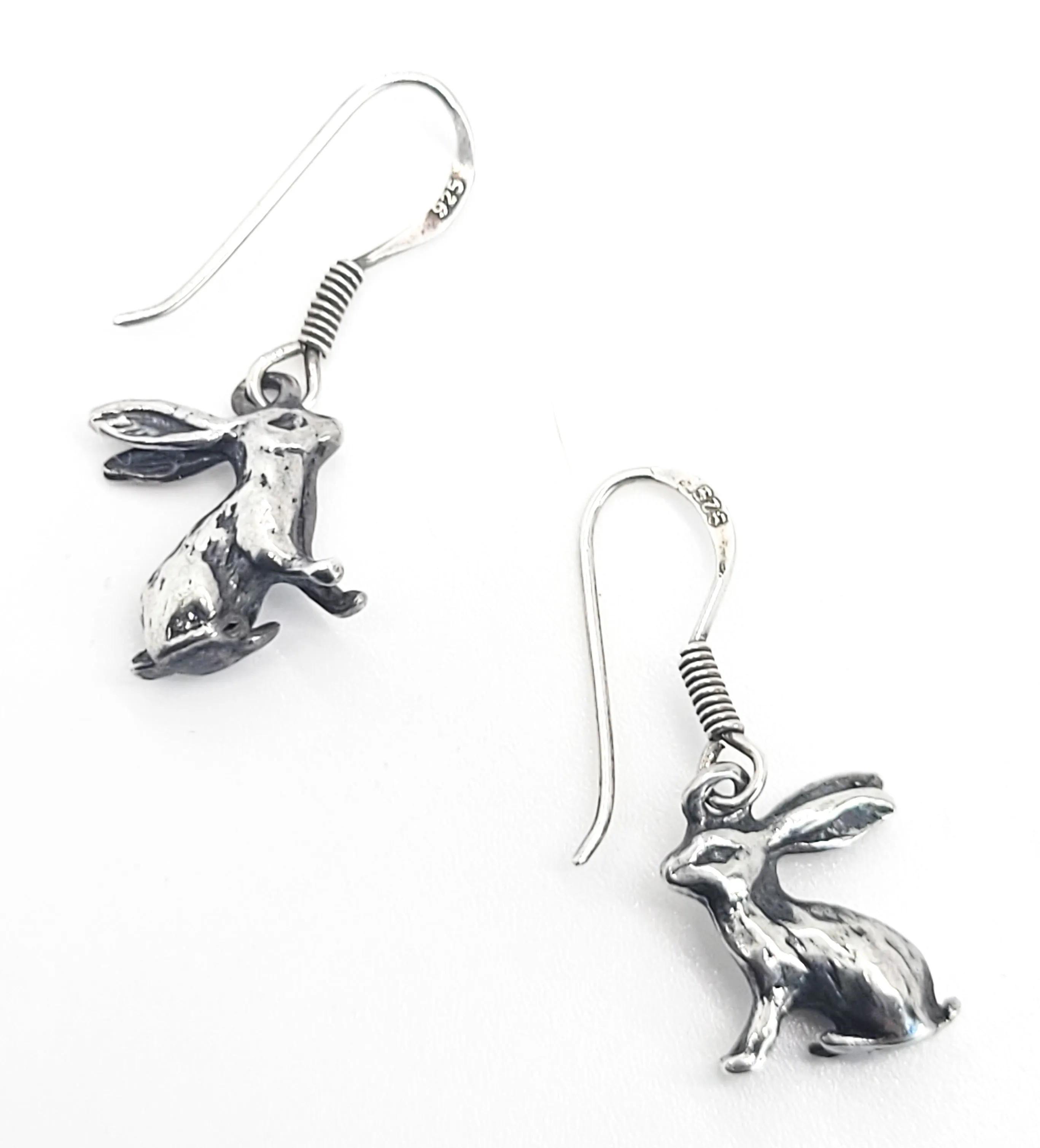 Rabbit sitting bunny detailed figural animal sterling silver drop earrings Hare