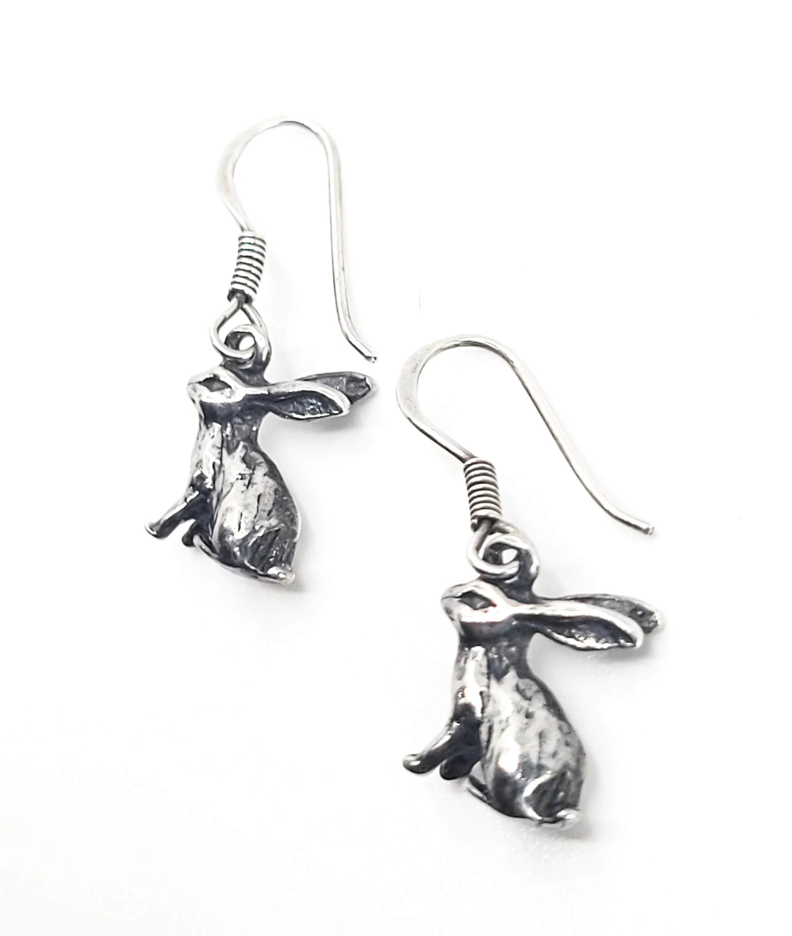Rabbit sitting bunny detailed figural animal sterling silver drop earrings Hare