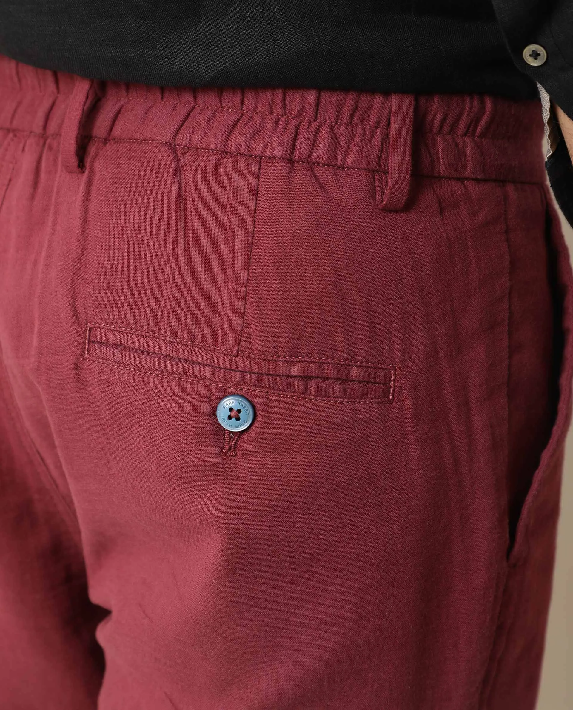 Rare Rabbit Men's Pinto Dark Red Cotton Fabric Drawstring Mid Rise Shorts