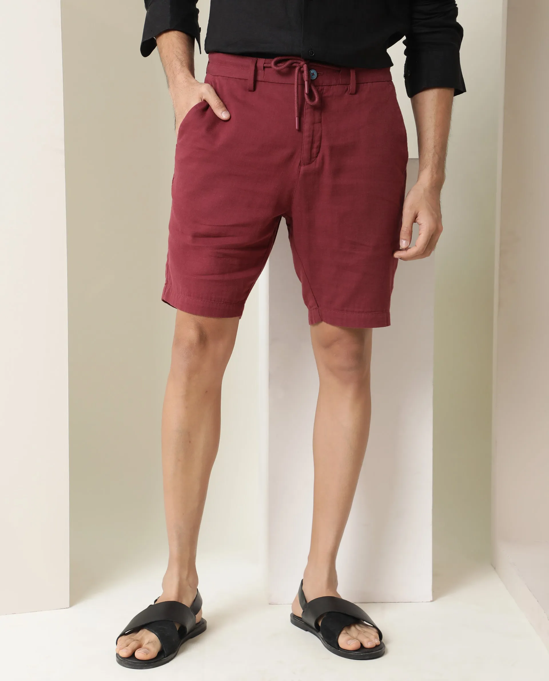 Rare Rabbit Men's Pinto Dark Red Cotton Fabric Drawstring Mid Rise Shorts