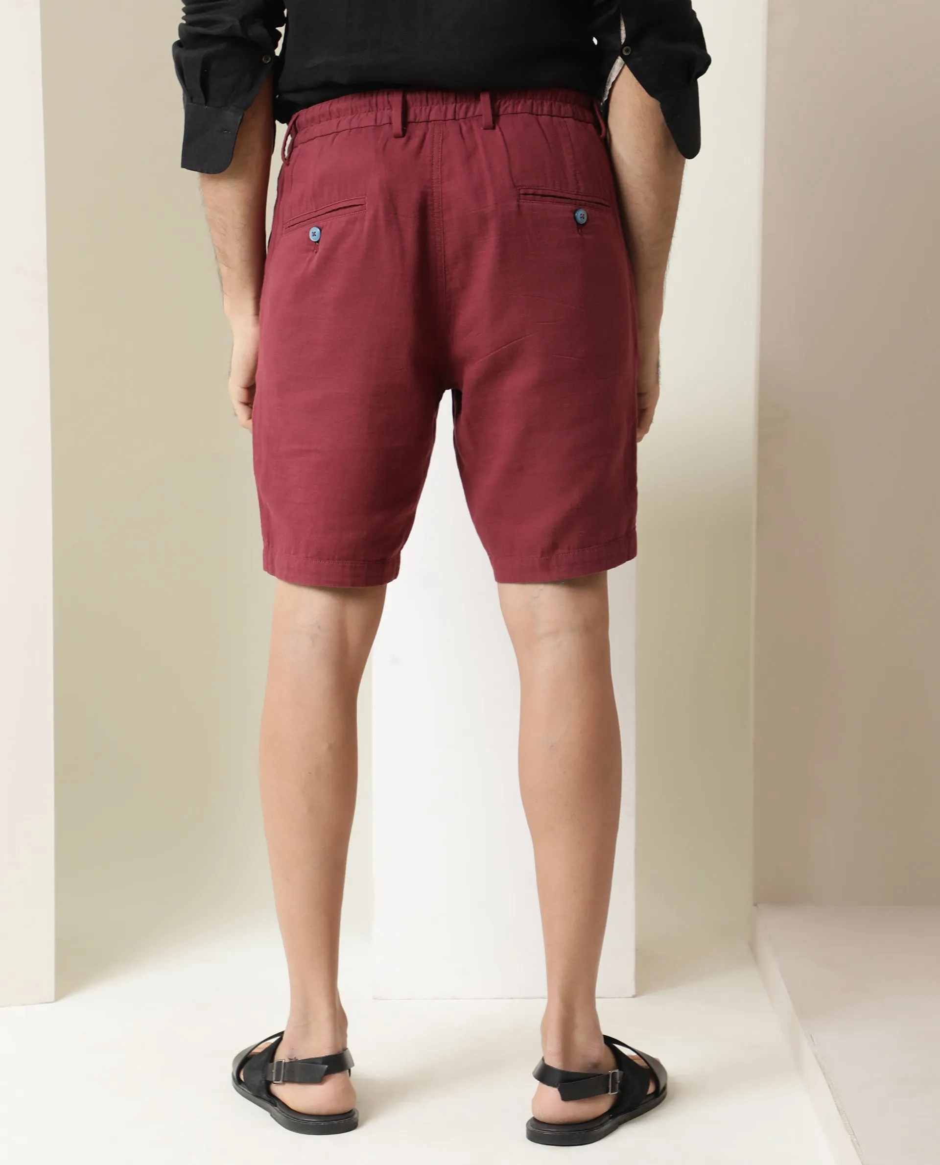 Rare Rabbit Men's Pinto Dark Red Cotton Fabric Drawstring Mid Rise Shorts