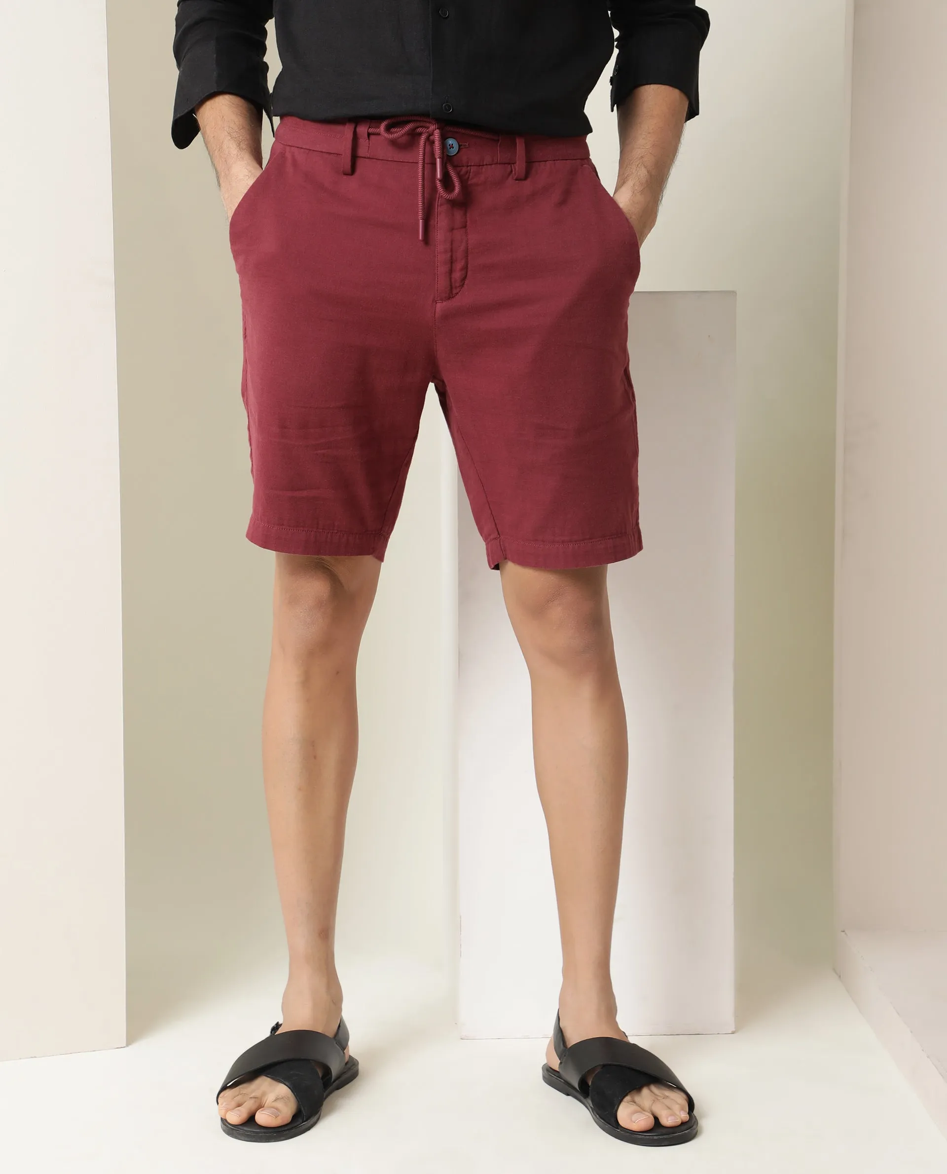 Rare Rabbit Men's Pinto Dark Red Cotton Fabric Drawstring Mid Rise Shorts