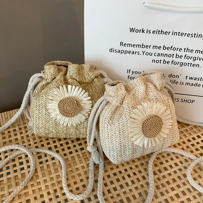 Realaiot Creative Design Women Beach Straw Bags Classic Texture Chic Sunflower Drawstring Woven Bucket Crossbody Shoulder Messenger Pouch