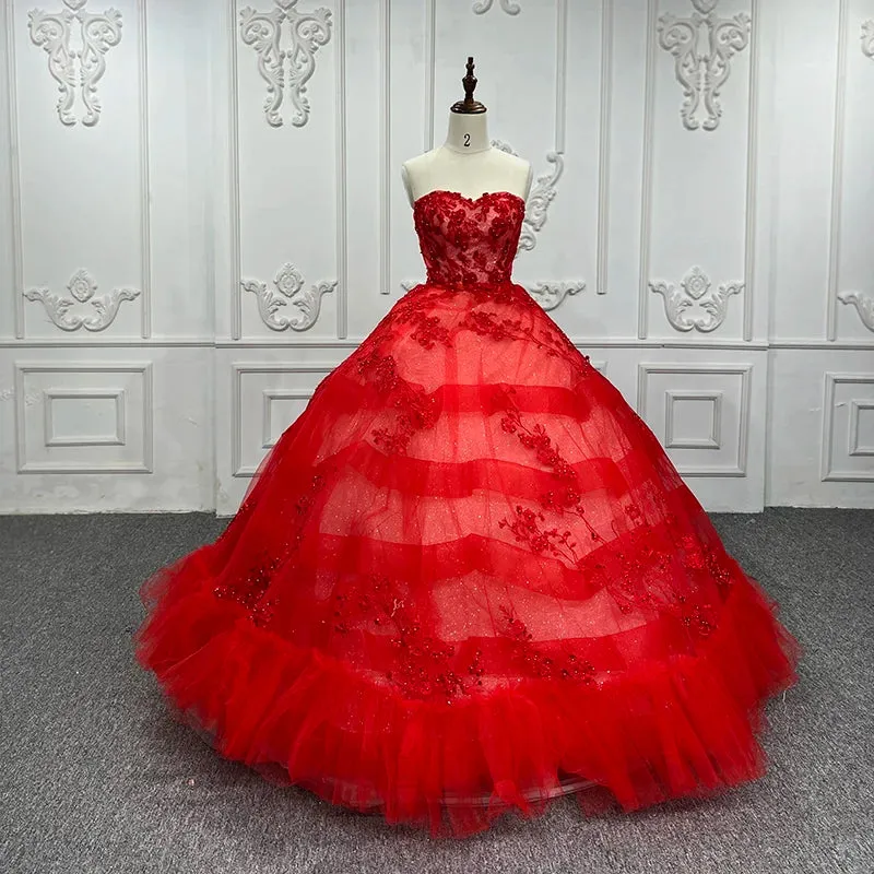 Red Off Shoulder Quinceanera Dresses Sweetheart Tulle Appliques Ball Gown