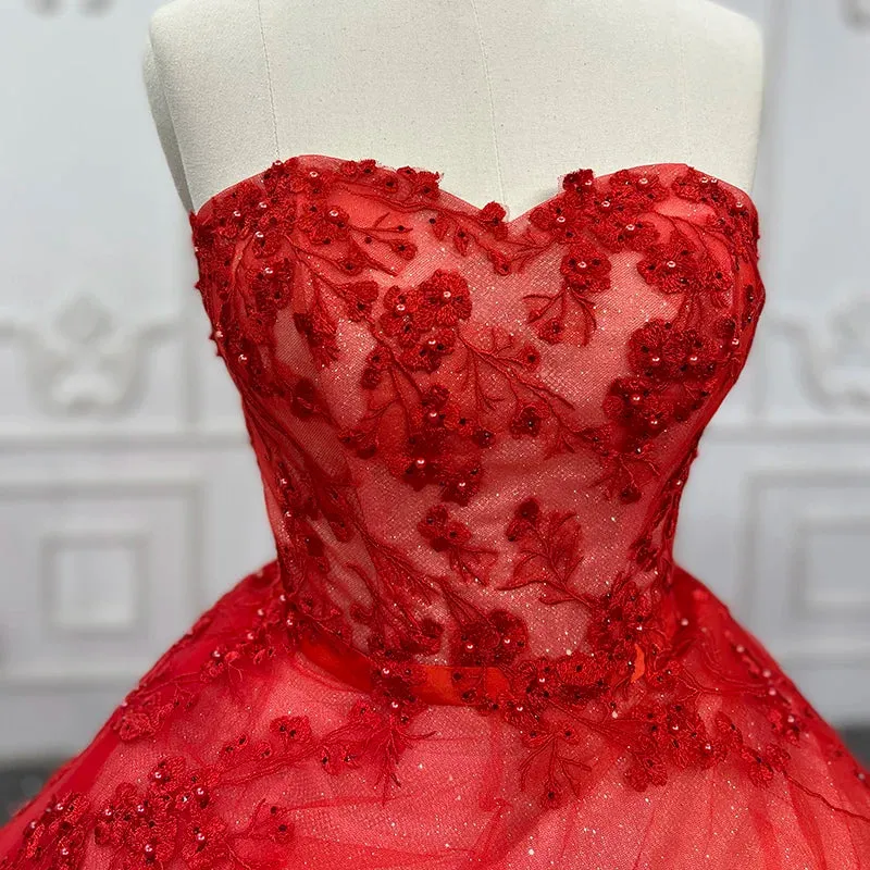 Red Off Shoulder Quinceanera Dresses Sweetheart Tulle Appliques Ball Gown