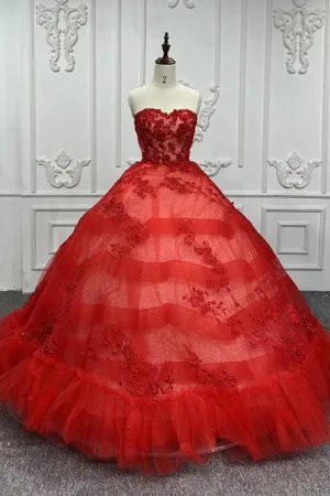 Red Off Shoulder Quinceanera Dresses Sweetheart Tulle Appliques Ball Gown