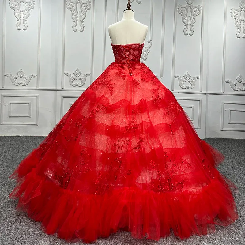 Red Off Shoulder Quinceanera Dresses Sweetheart Tulle Appliques Ball Gown