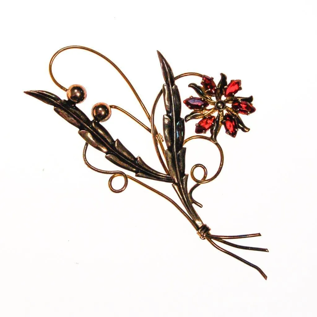 Red Rhinestone Flower Brooch