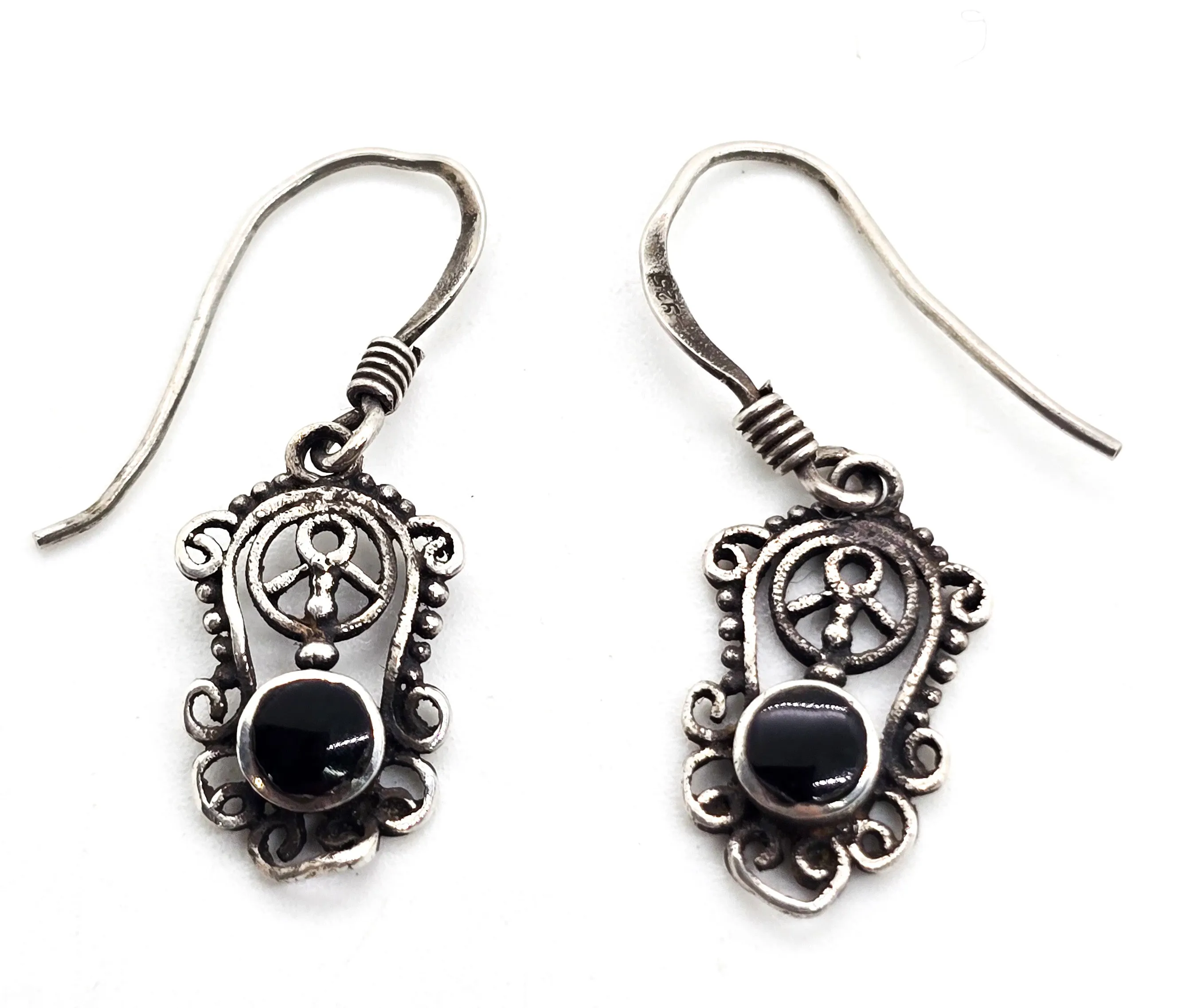 Retro hippy Peace sign filigree vintage sterling silver black onyx drop earrings