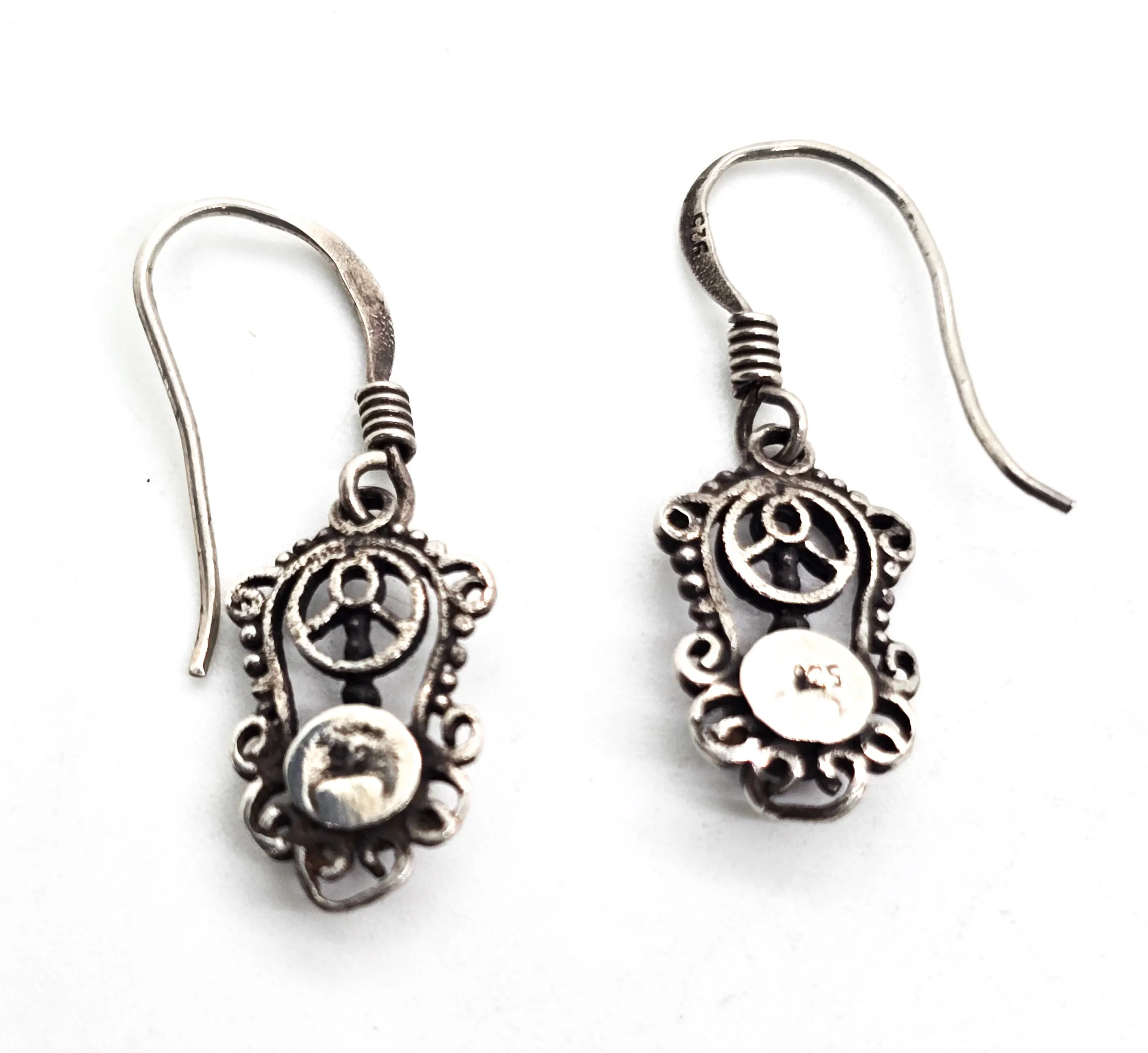 Retro hippy Peace sign filigree vintage sterling silver black onyx drop earrings