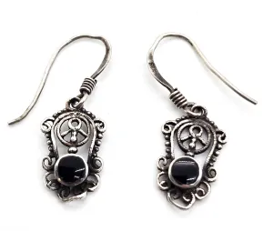 Retro hippy Peace sign filigree vintage sterling silver black onyx drop earrings