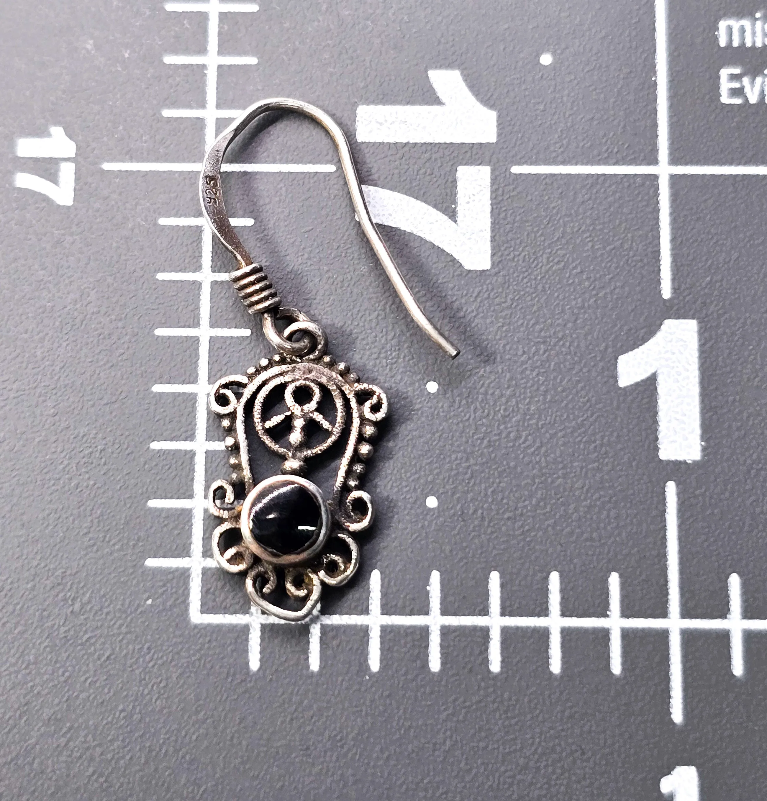 Retro hippy Peace sign filigree vintage sterling silver black onyx drop earrings