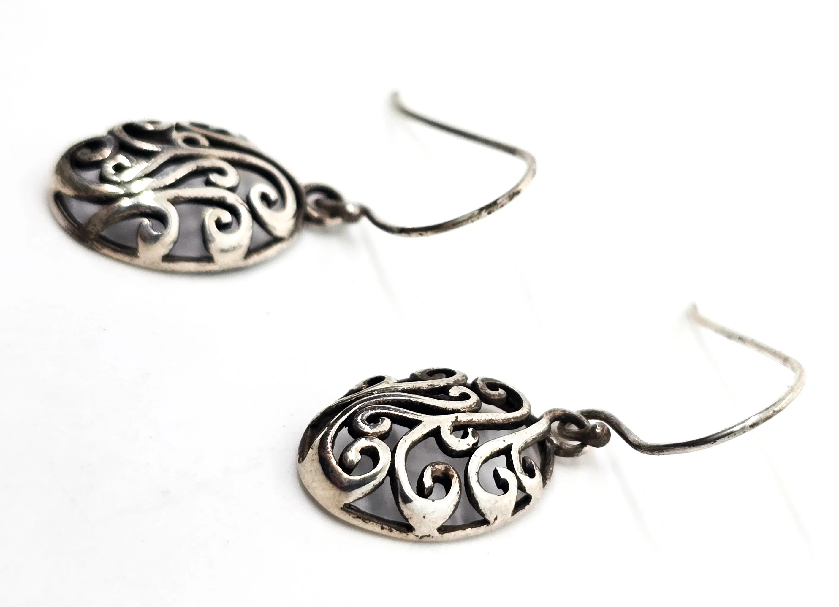 Retro open work filigree swirl vintage drop sterling silver earrings