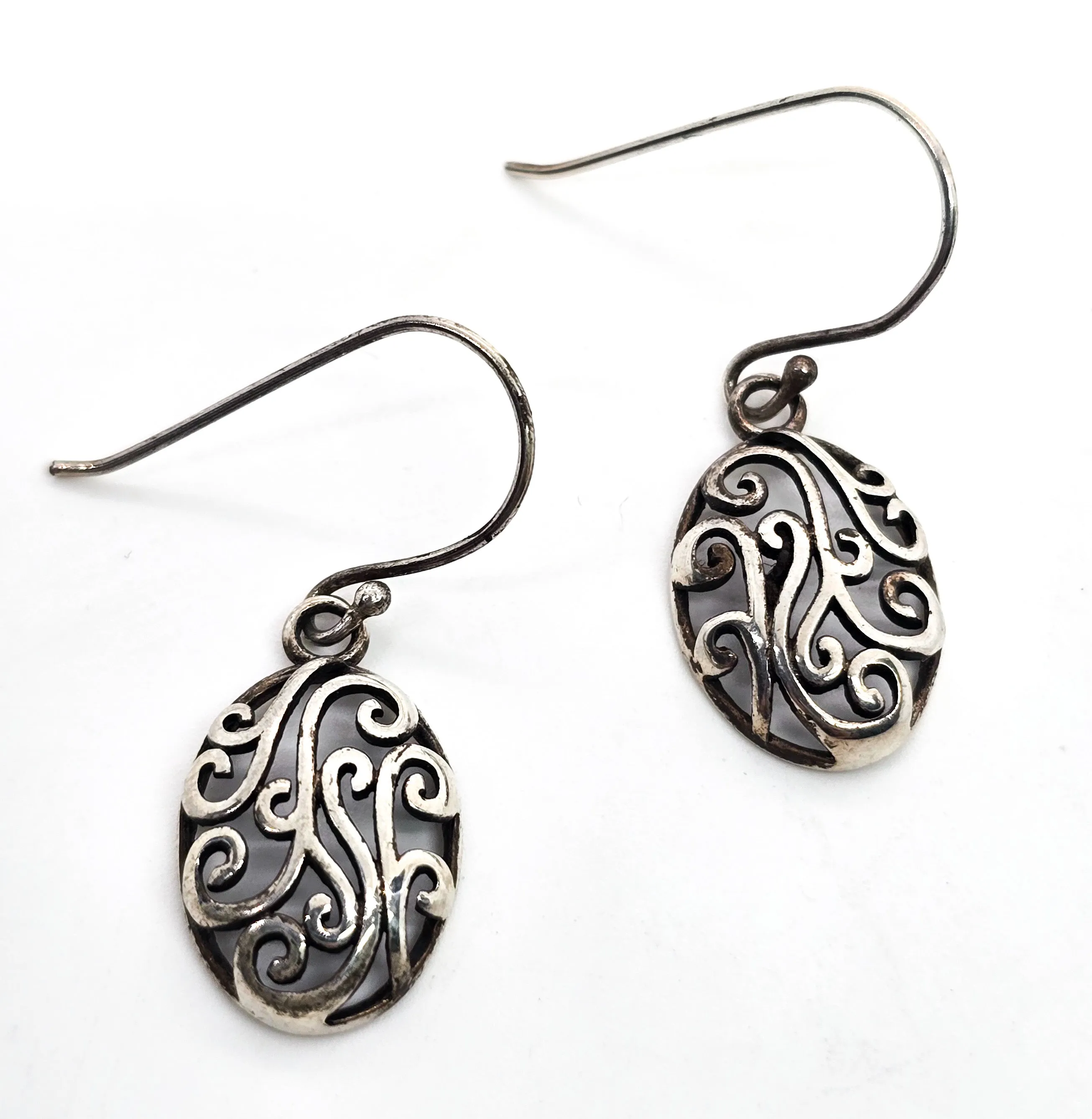 Retro open work filigree swirl vintage drop sterling silver earrings