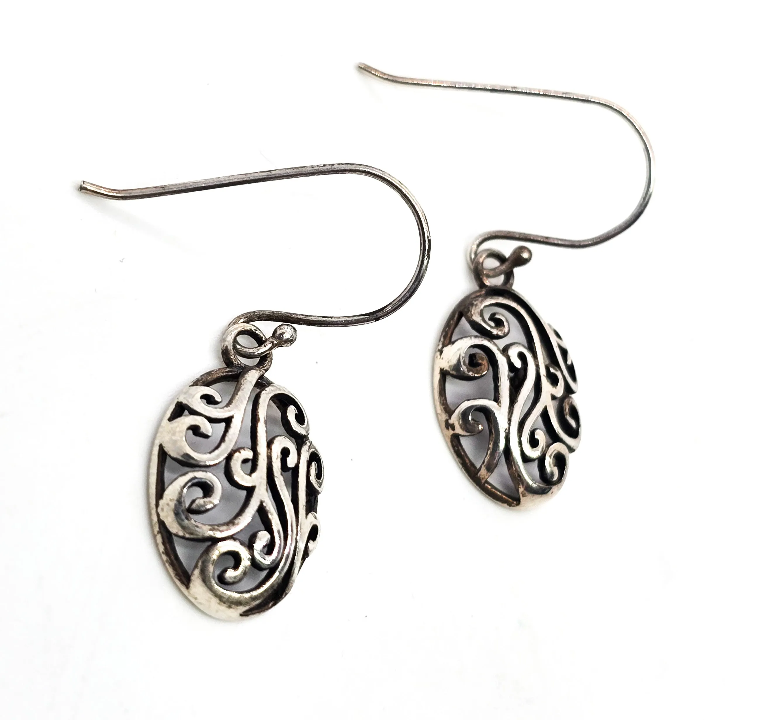 Retro open work filigree swirl vintage drop sterling silver earrings