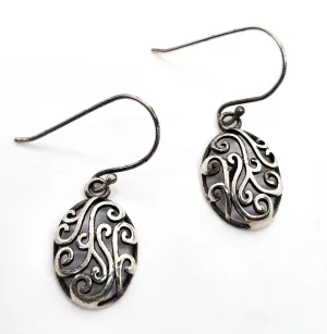 Retro open work filigree swirl vintage drop sterling silver earrings