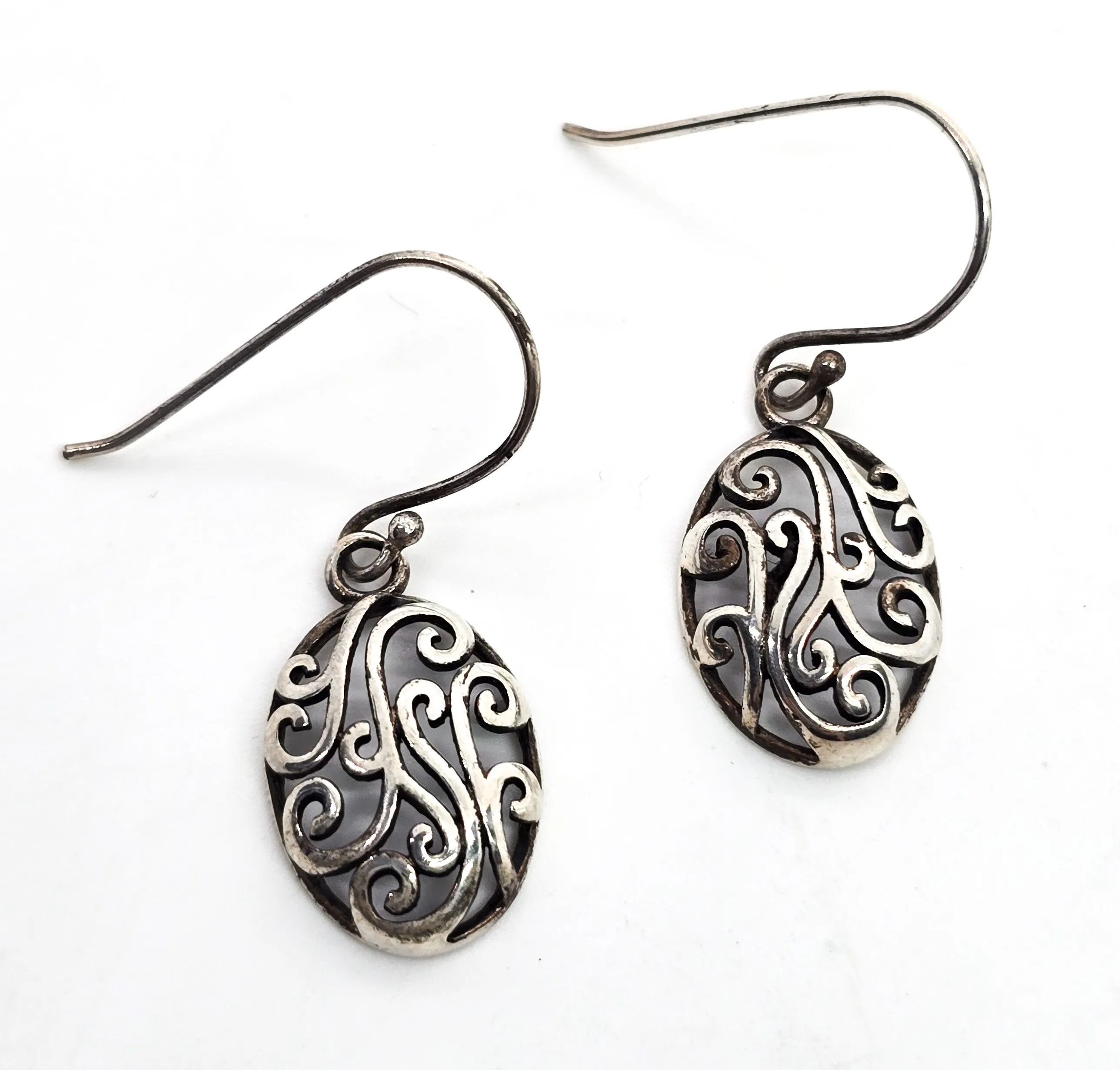 Retro open work filigree swirl vintage drop sterling silver earrings