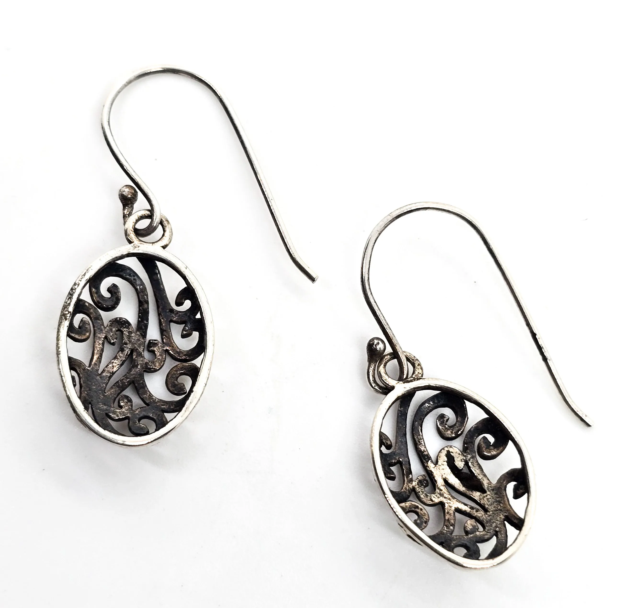 Retro open work filigree swirl vintage drop sterling silver earrings