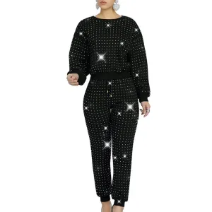 Rhinestone Sequins Design Long Sleeve Top & Drawstring Pants Set