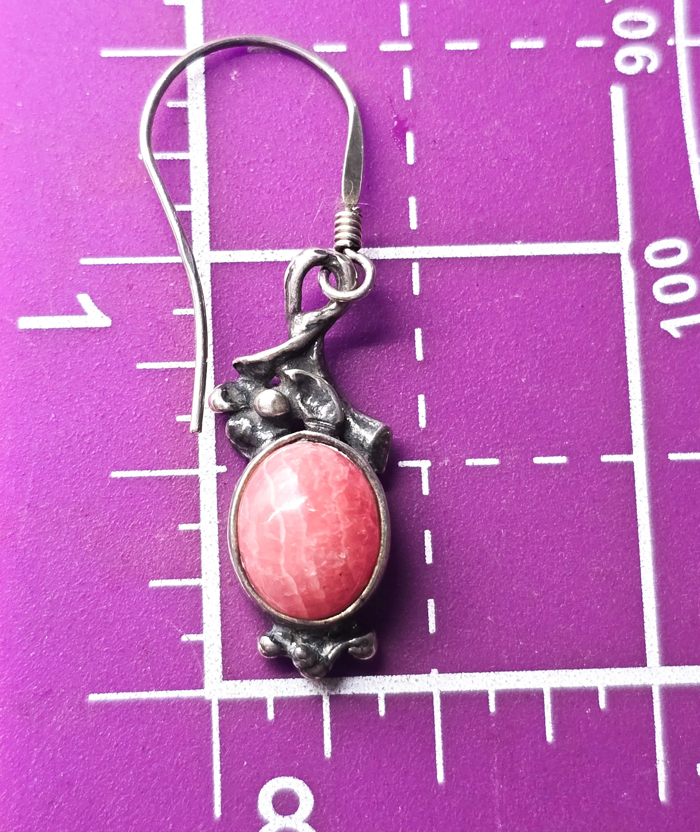 Rhodochrosite banded pink gemstone vintage flower drop sterling silver earrings