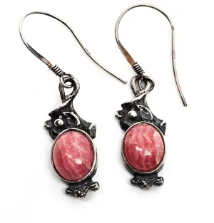 Rhodochrosite banded pink gemstone vintage flower drop sterling silver earrings