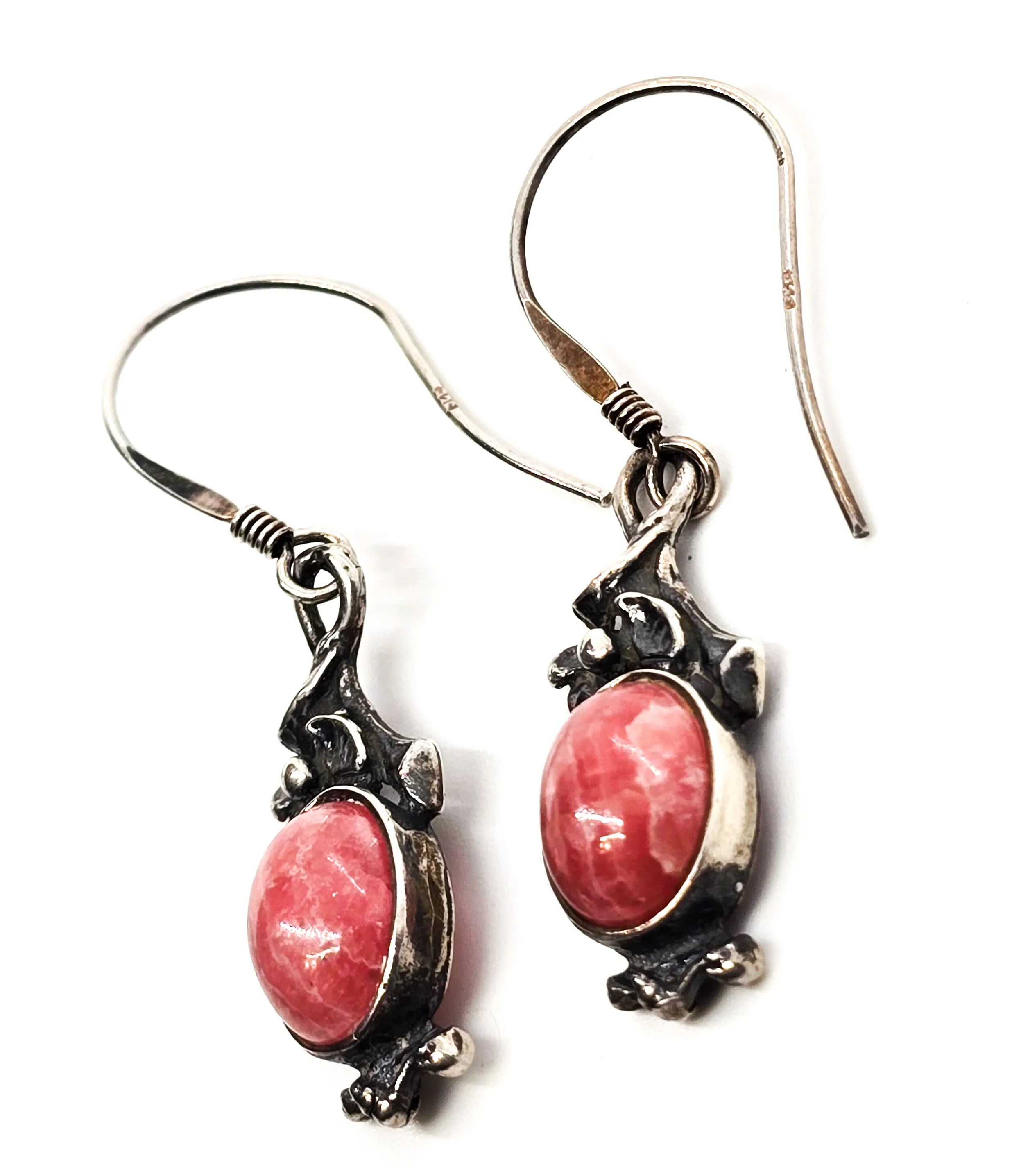 Rhodochrosite banded pink gemstone vintage flower drop sterling silver earrings