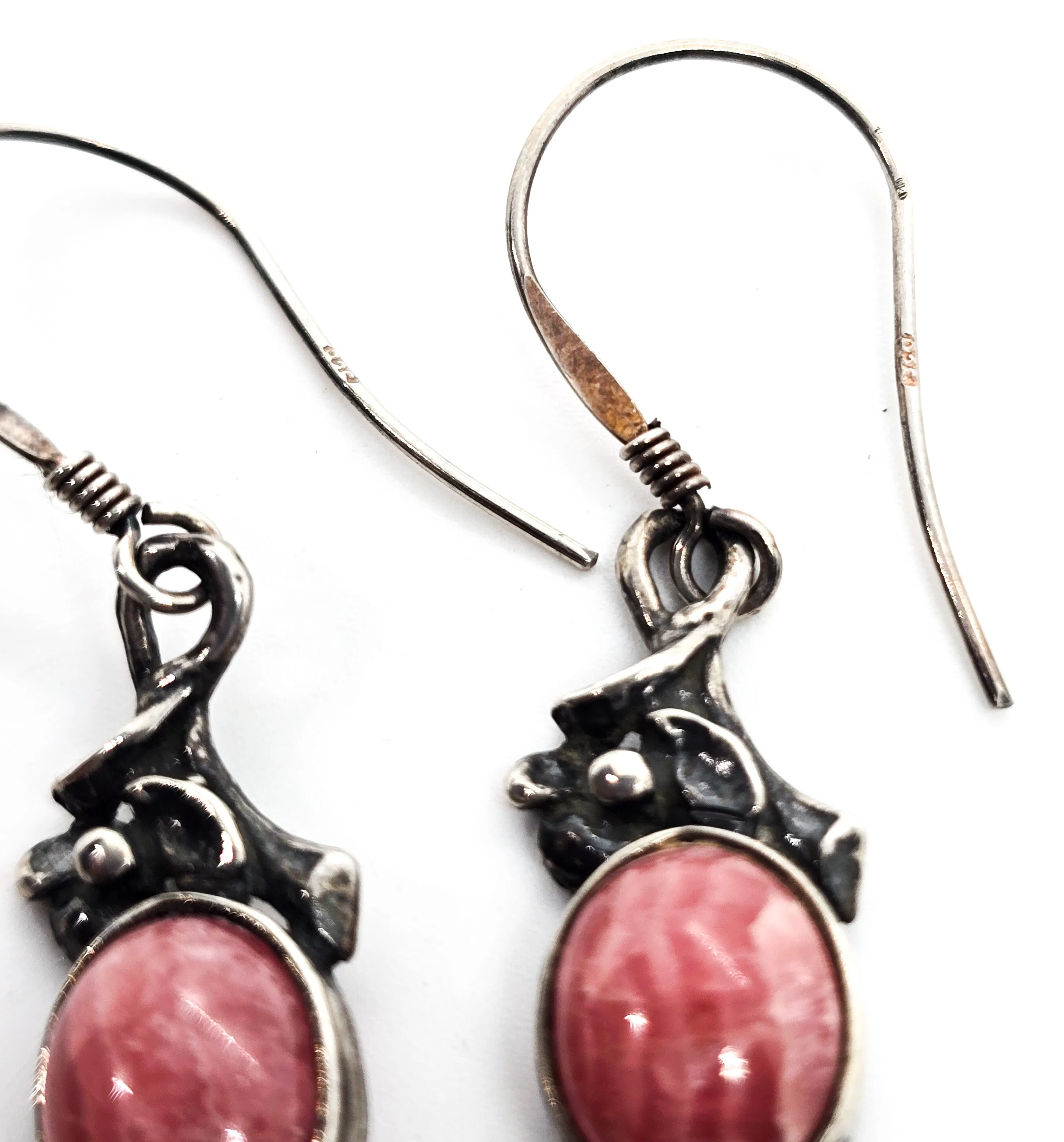 Rhodochrosite banded pink gemstone vintage flower drop sterling silver earrings