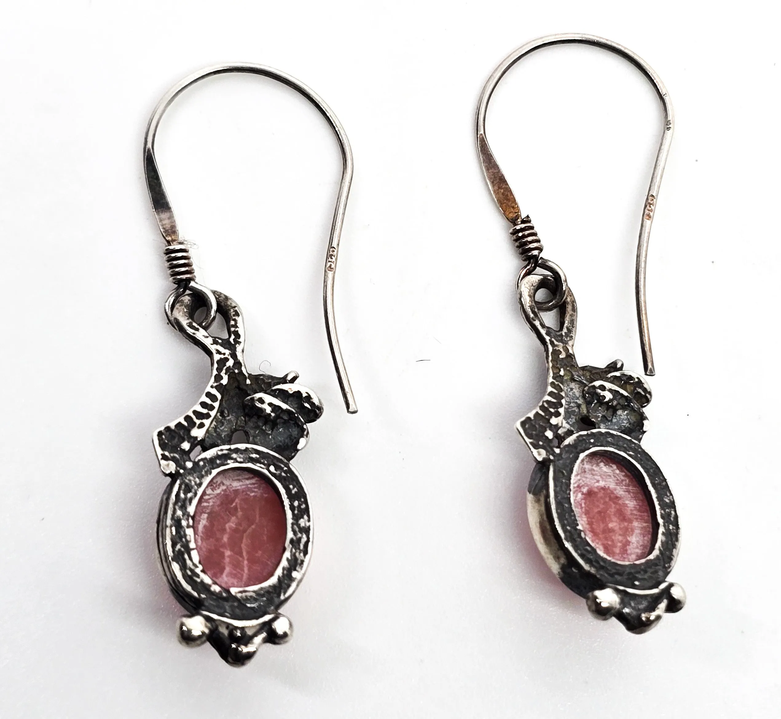 Rhodochrosite banded pink gemstone vintage flower drop sterling silver earrings