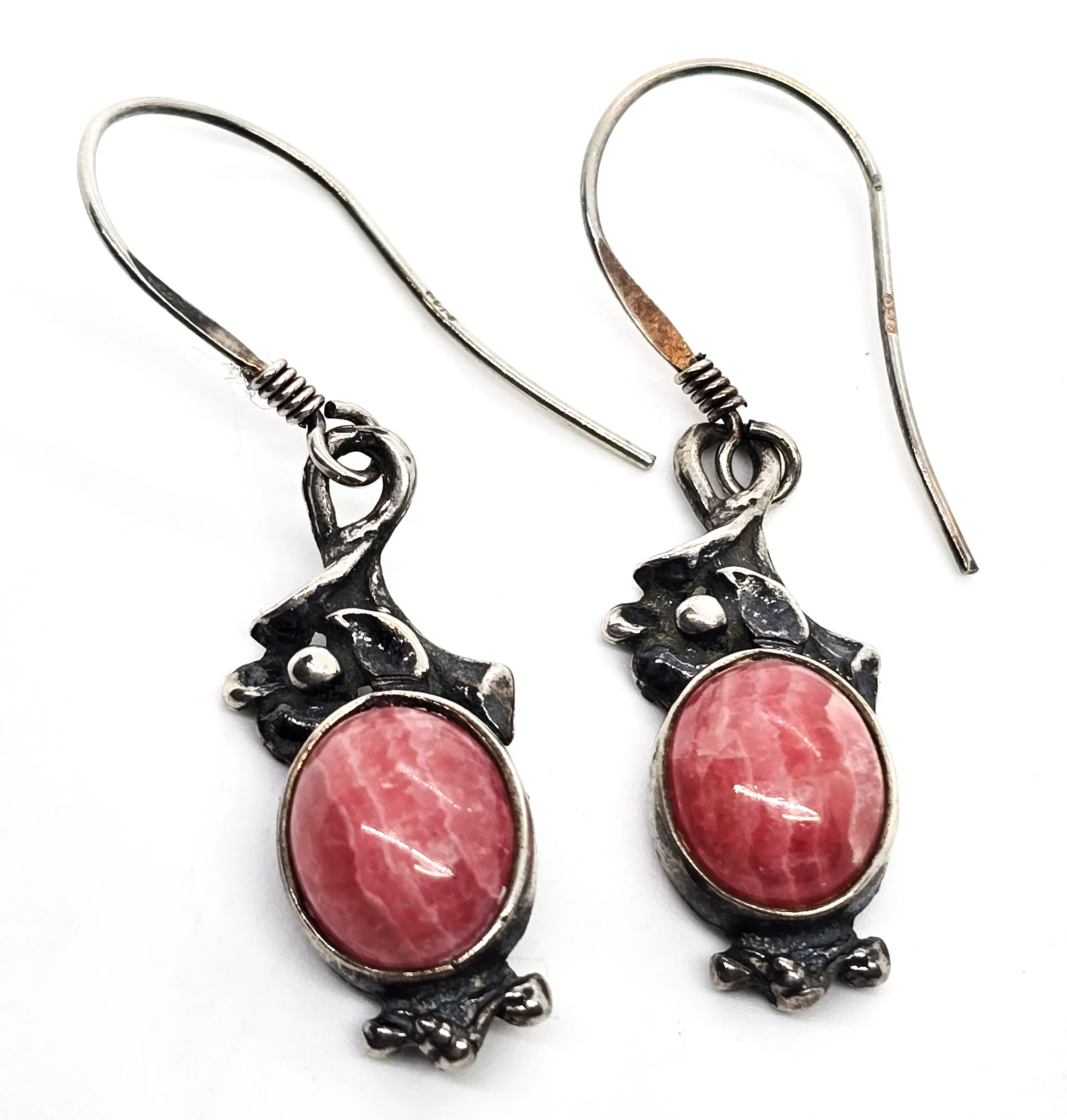 Rhodochrosite banded pink gemstone vintage flower drop sterling silver earrings