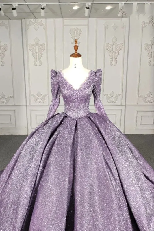 Romantic V-neck Quinceanera Dresses Ball Gown Long Sleeves Beading 16 Birthday Gown