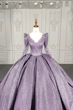Romantic V-neck Quinceanera Dresses Ball Gown Long Sleeves Beading 16 Birthday Gown