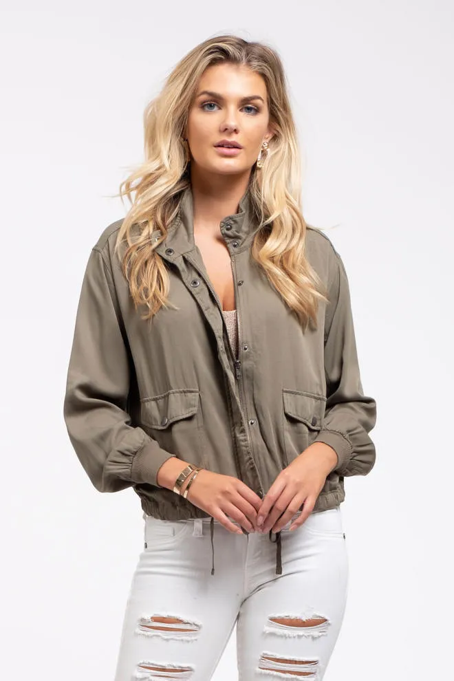 Ruched Sleeve Jacket-Olive