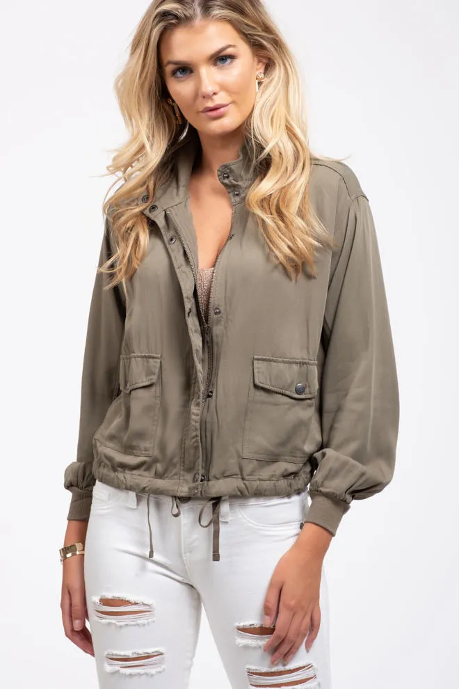 Ruched Sleeve Jacket-Olive