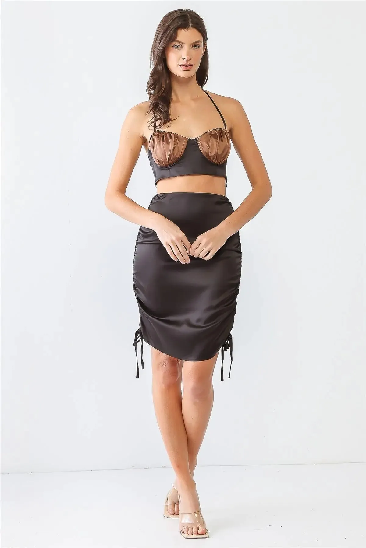 Satin Bustier Ruffle Crop Top Ruched Mini Skirt Set