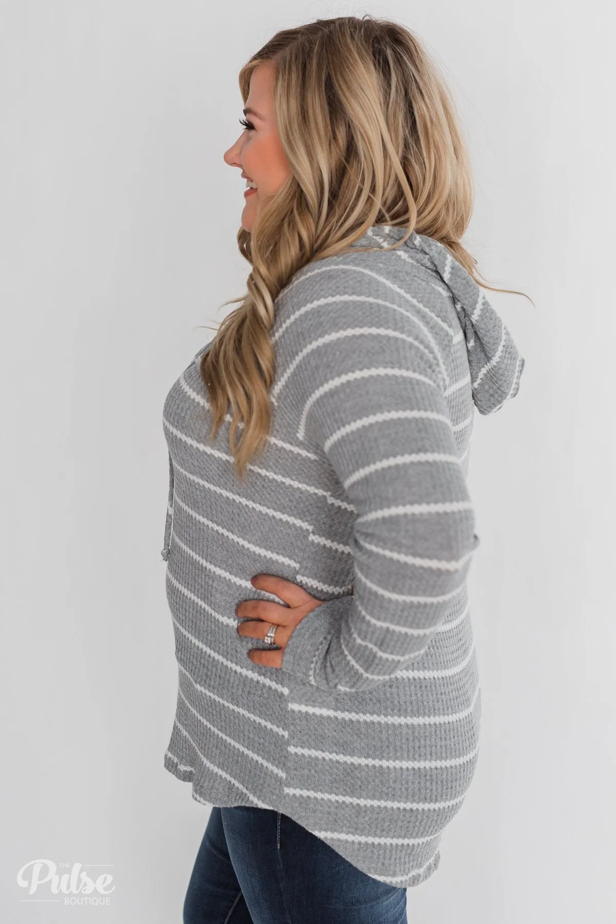 Seeing Stripes Waffle Thermal Hoodie- Heather Grey