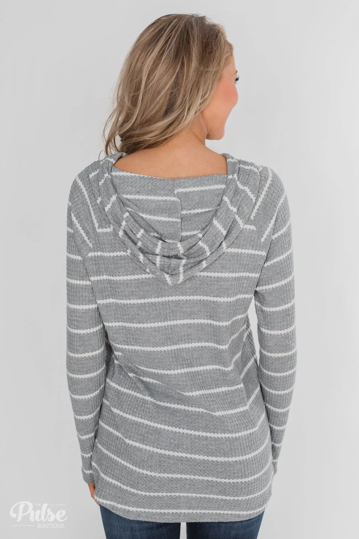 Seeing Stripes Waffle Thermal Hoodie- Heather Grey