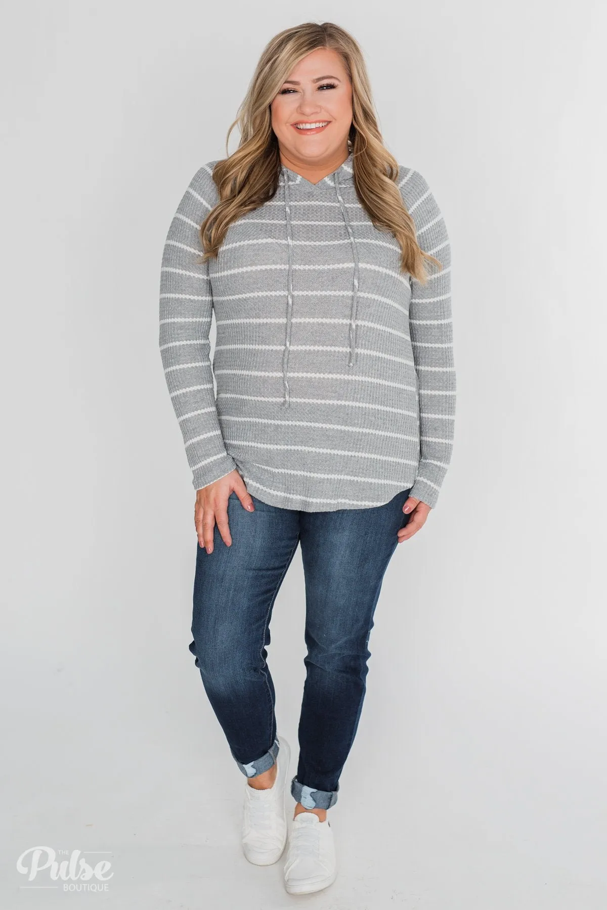 Seeing Stripes Waffle Thermal Hoodie- Heather Grey