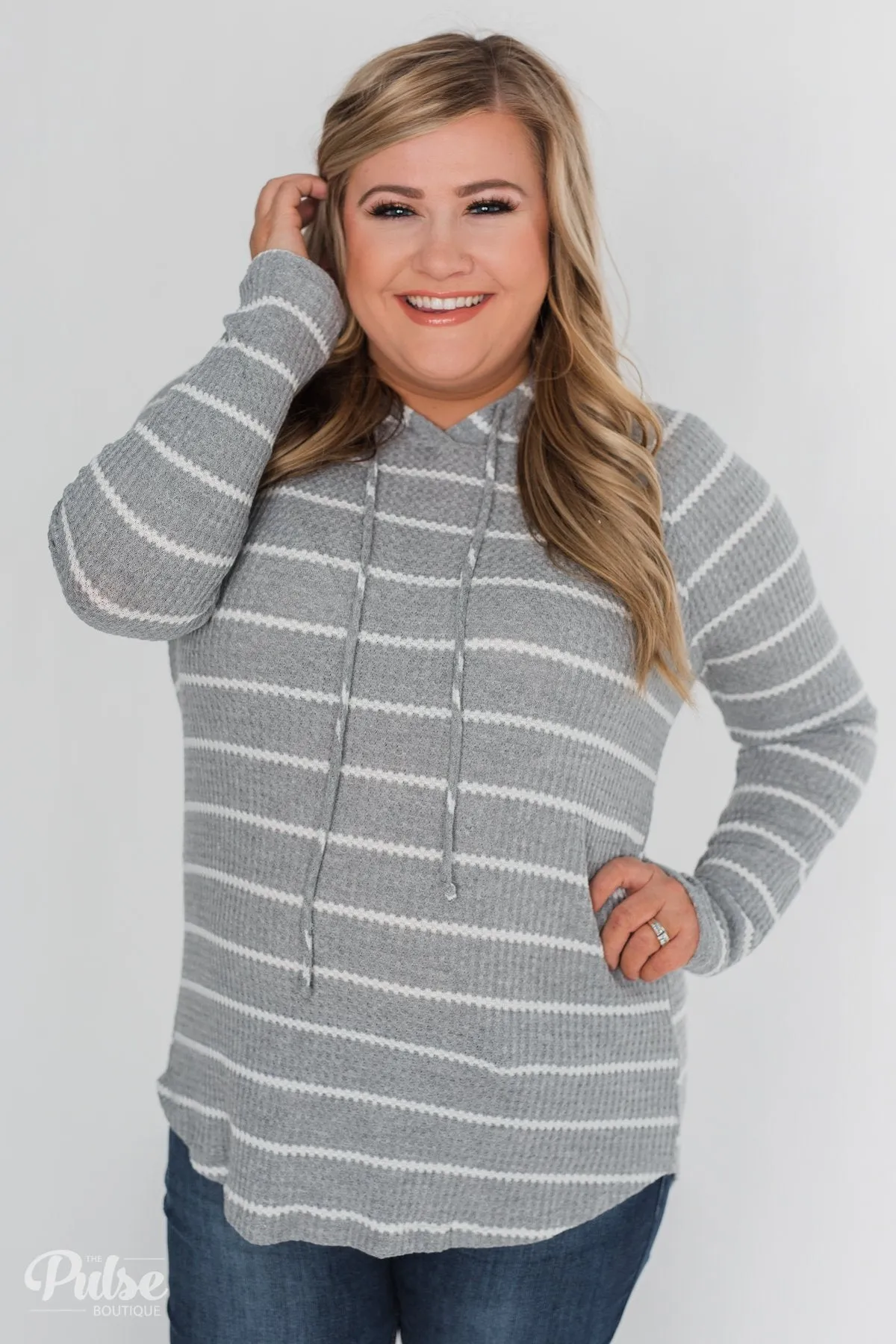 Seeing Stripes Waffle Thermal Hoodie- Heather Grey