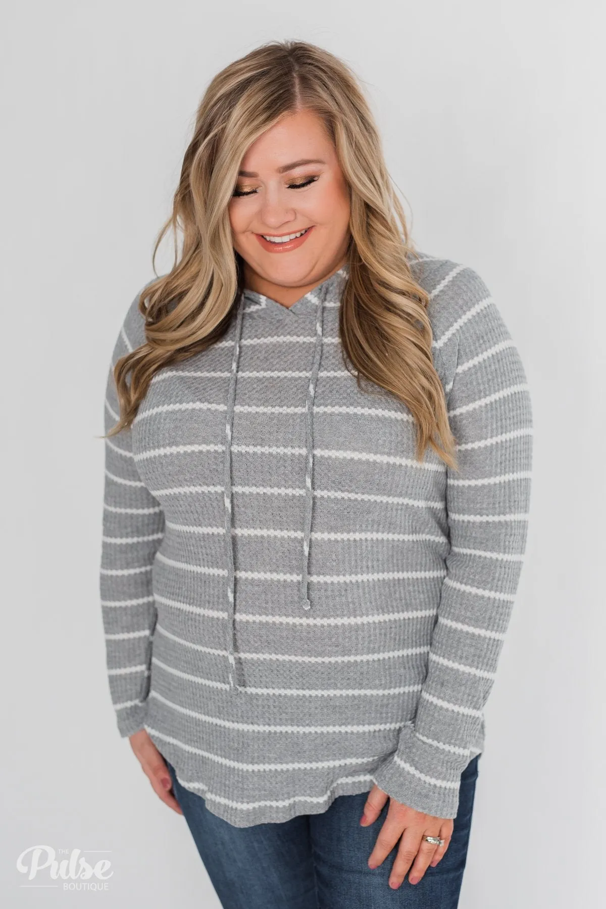 Seeing Stripes Waffle Thermal Hoodie- Heather Grey
