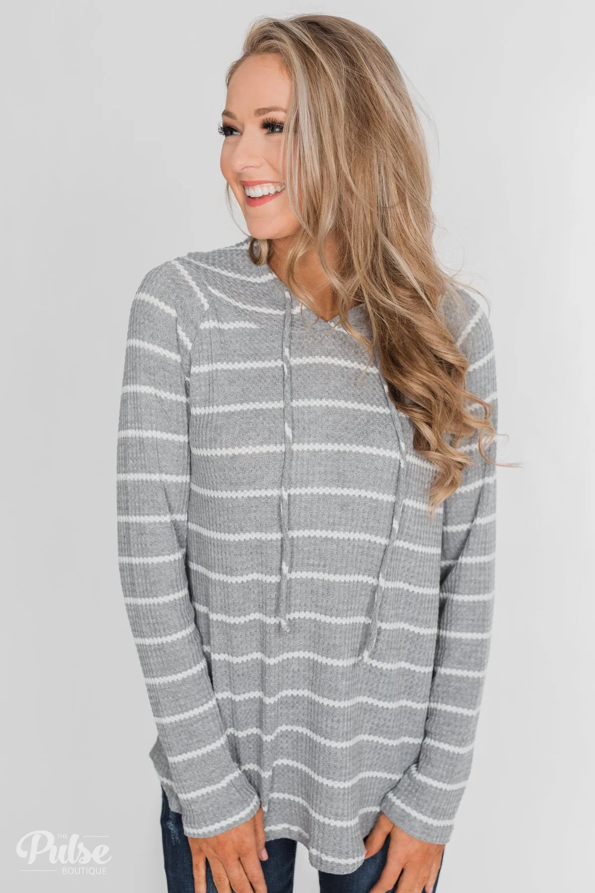 Seeing Stripes Waffle Thermal Hoodie- Heather Grey