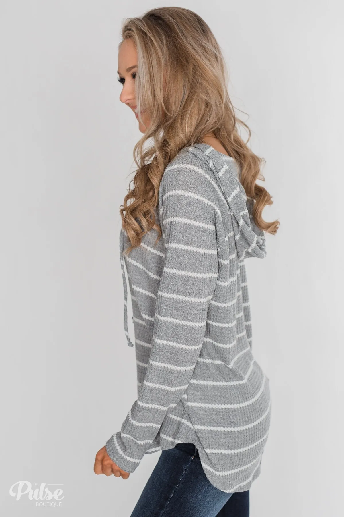 Seeing Stripes Waffle Thermal Hoodie- Heather Grey