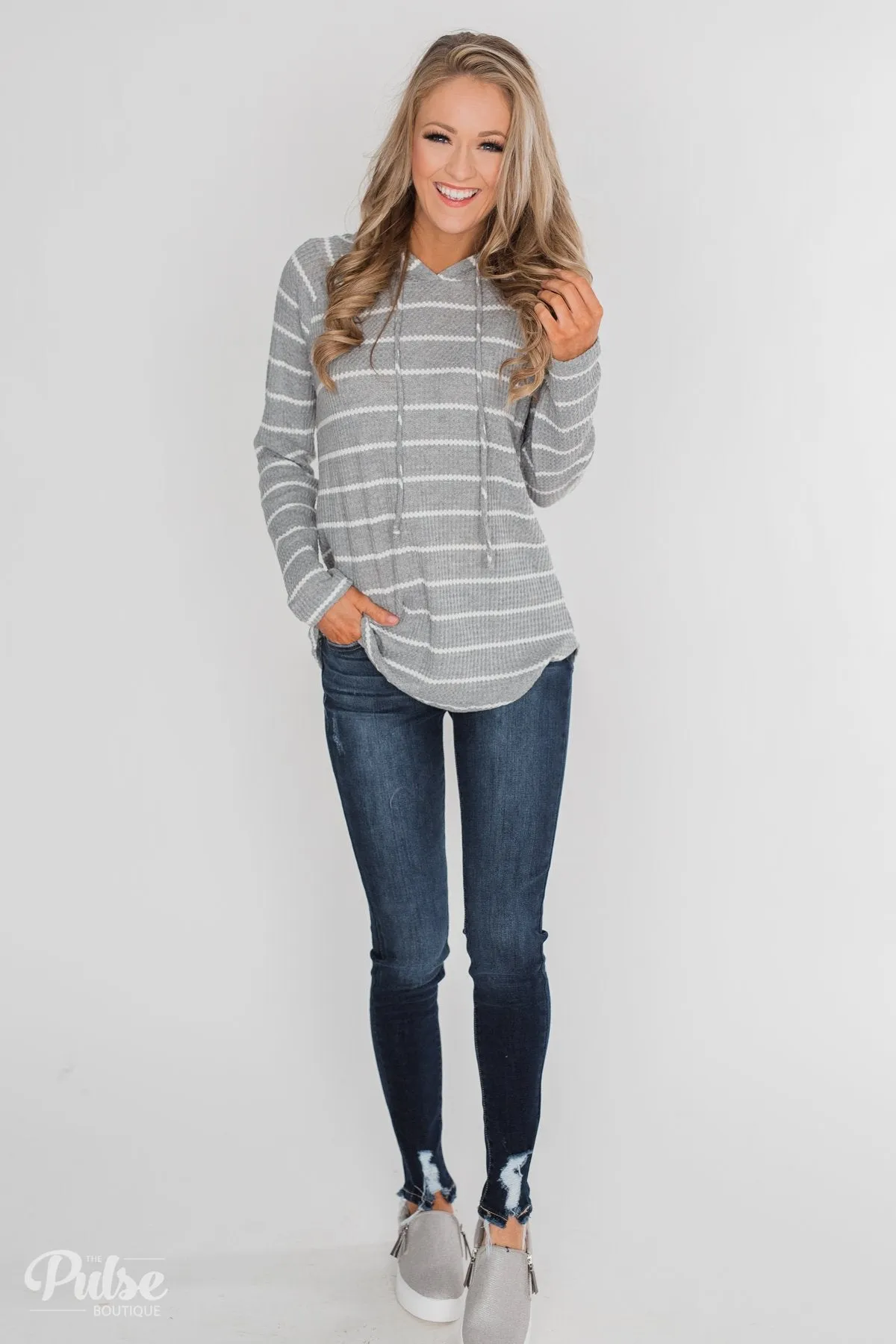 Seeing Stripes Waffle Thermal Hoodie- Heather Grey