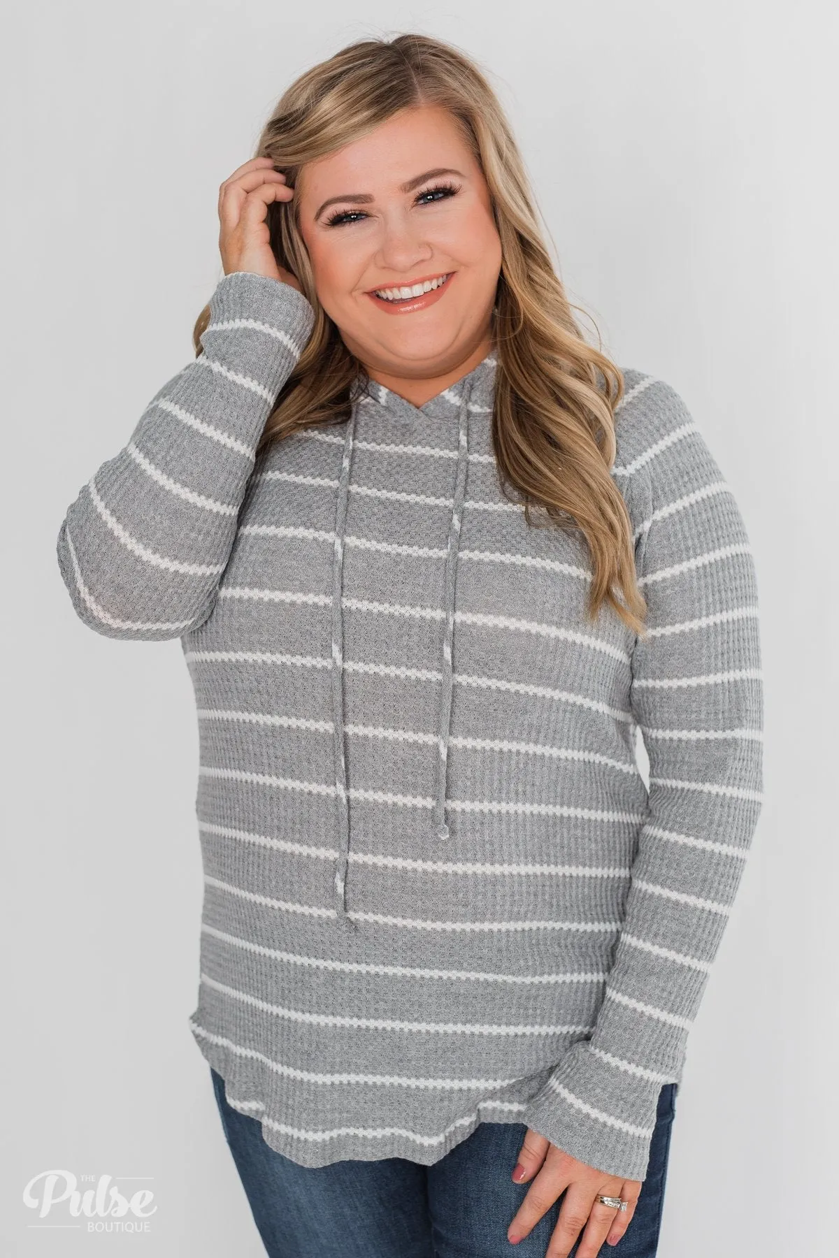 Seeing Stripes Waffle Thermal Hoodie- Heather Grey