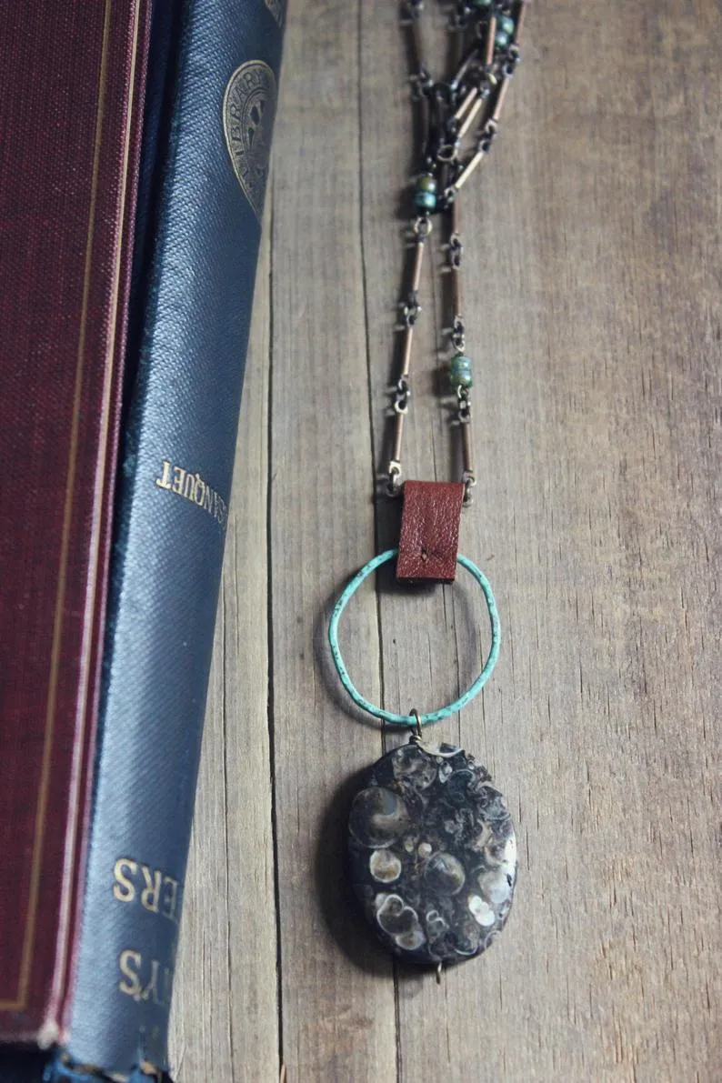 Shoal. Artisan Antique Brass, Glass Bead, Leather & Turtella Necklace.