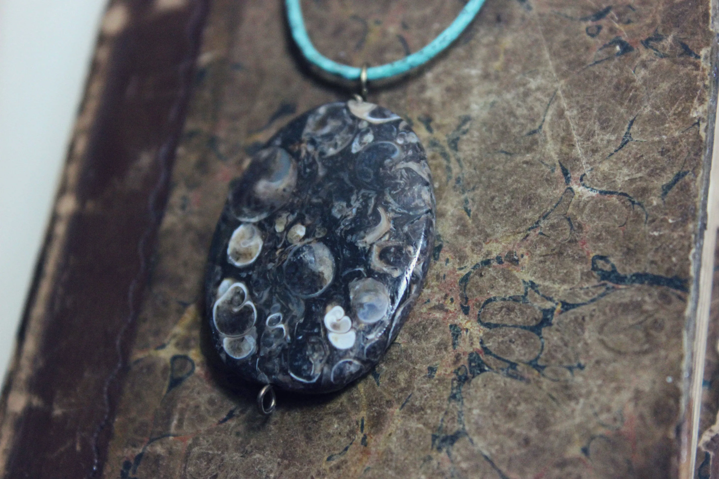 Shoal. Artisan Antique Brass, Glass Bead, Leather & Turtella Necklace.