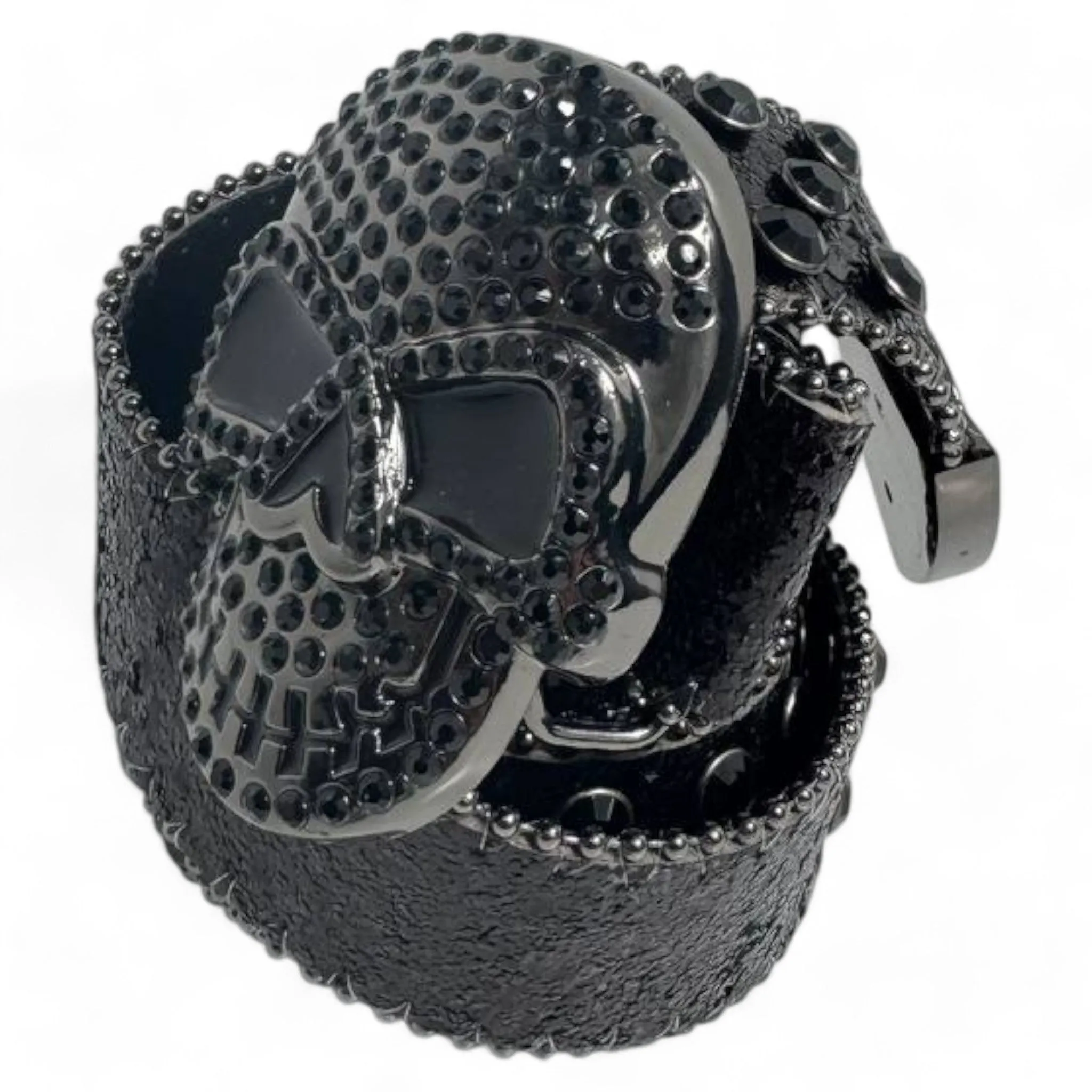 Skull-Studded Black Leather Belt with Crystalized Skull Buckle